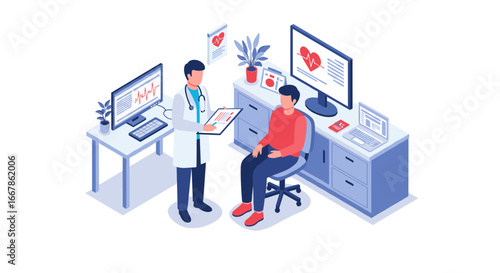 Healthcare consultation in modern office setting with technology and digital monitors