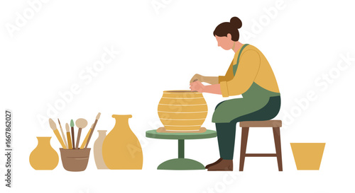 Ceramic artist crafting pottery on wheel with clay in minimalist style