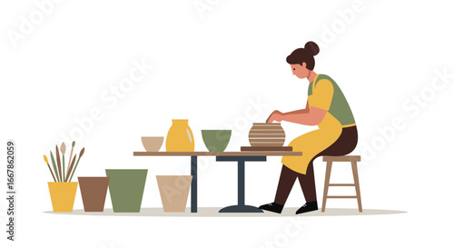 Woman crafting clay pots on pottery wheel in minimalist style
