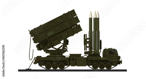 Military missile launcher vehicle in detailed flat design on white background