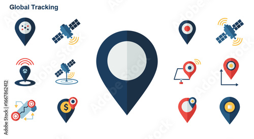 Global navigation icons: map pin and satellite for digital tracking solutions