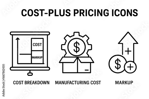 Cost-plus pricing strategy vector icon set. Outline icons of cost breakdown, manufacturing expenses, and markup. Business model for setting price and profit margin.