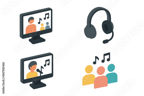 Virtual Singing Icons Set. Isometric vector of online choir, music lesson, web conference. Computer monitor with video call, headset, singer, group. Remote collaboration concept.