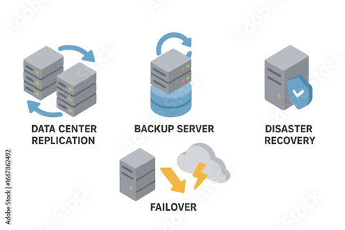 Disaster recovery plan isometric icons. Data center replication, backup server, information protection, security, and network failover. IT business continuity vector symbols.