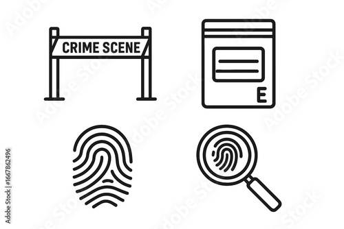 Crime scene investigation icon set. Vector outline symbols for forensic science, police work, and detective mystery. Includes crime tape, evidence bag, and fingerprint analysis.