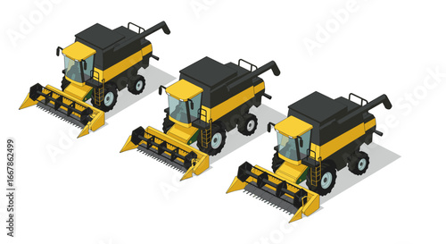 Isometric farm equipment: three modern combine harvesters in yellow and black