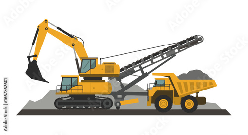 Construction equipment: excavator and dump truck in flat design on construction site