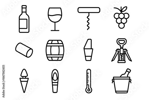 Wine accessories icon set, linear style vector icons for winery, bar, drink collection, wine bottle, glass, corkscrew, grapes, barrel, stopper, thermometer, bottle opener