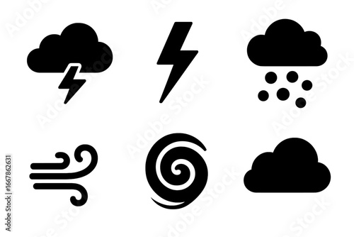 Storm Weather Symbols Grid Set, Solid Filled Icons of Thundercloud, Lightning Bolt, Hail, Strong Wind, Cyclone Swirl, Dark Cloud Illustration, Meteorology Vector Cartoon