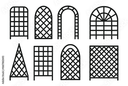 Set of garden trellis and arch vector icons. Collection of various shapes for plant support and climbing plants. Outdoor exterior design elements for gardening and landscaping.