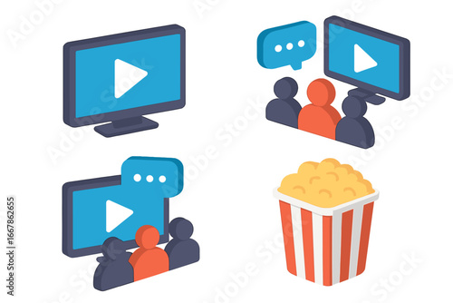 Virtual watch party icon set. Isometric vector graphics of people watching movies together online. Streaming cinema with friends, chat, popcorn, and TV screen with play button.