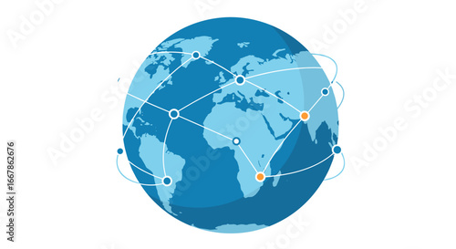 Global communication network: blue planet with connected nodes