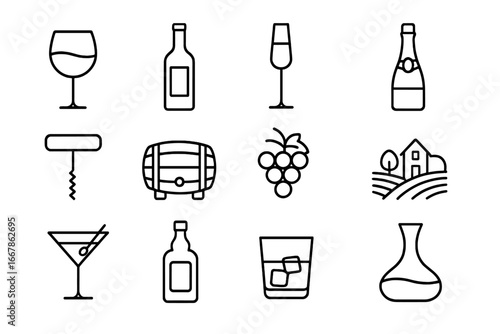 Wine and spirits line icon set with glasses, bottles, corkscrew, barrel, grapes, vineyard, and decanter vector cartoon illustration transparent background ordered collection