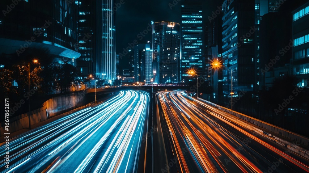 Naklejka premium Night city highway with light trails