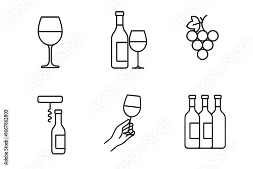 Wine tasting outline icon set, minimalist elegant beverage icons collection, vector cartoon illustration, wine glass bottle corkscrew grapes hand holding glass, transparent background