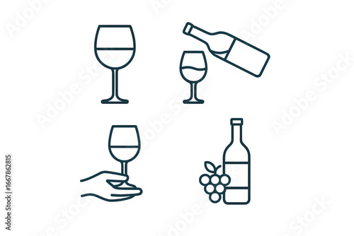 Wine Tasting Outline Icon Set, Minimalist Elegant Beverage Collection, Vector Cartoon Illustration with Transparent Background, Glasses Pouring and Holding Wine Bottle, Grapes Symbol