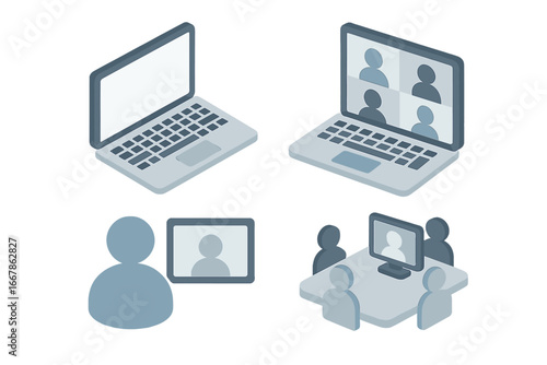 Isometric virtual workspace icon set. Remote work, online meeting, and video conference concepts. Laptop with video call. Business team collaboration and communication vector.