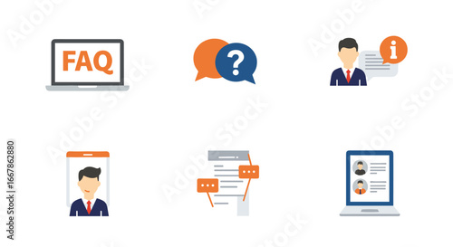Customer support icons: faq, chat, information, online assistance, and consultation