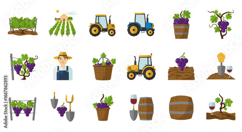 Vineyard and harvest icons: grapes, tractors, and winemaking symbols