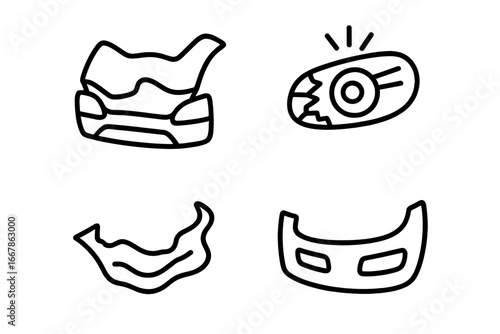 Traffic accident icons set, outline vector symbols of car crash debris, crumpled hood, shattered headlight, twisted bumper piece, cartoon style automotive damage illustration