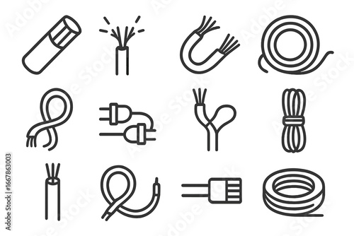 Wire and Cable Line Icon Set, Electrical Connection Symbols in Outline Style, Vector Cartoon Illustrations, Transparent Background, Organized Electrical and Wiring Icons Collection