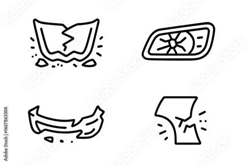 Traffic Accident Icons Set with Crumpled Car Hood, Shattered Headlight, Twisted Bumper Debris, Vector Outline Cartoon Illustration of Vehicle Crash Damage and Collision Elements