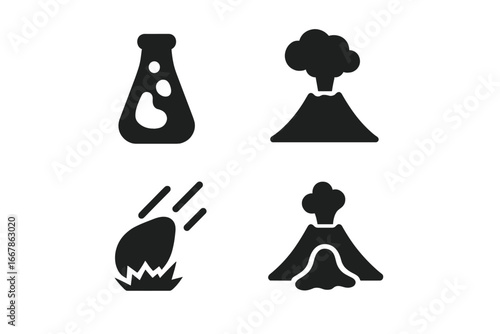 Volcano eruption solid glyph icon set. Volcanic activity concept with lava flow, smoke plume, and volcanic bomb. Geology science symbol collection. Vector illustration.