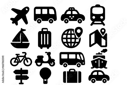 Solid Black Transportation and Travel Symbols Icons Set – Vector Cartoon Illustration of Commuting and Mobility Essentials with Transparent Background, Ordered Set