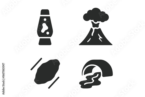 Volcanic activity glyph icons set. Volcano eruption, lava lamp, molten rock flow, volcanic bomb. Geology symbols. Magma signs. Natural disaster silhouette pictograms. Vector