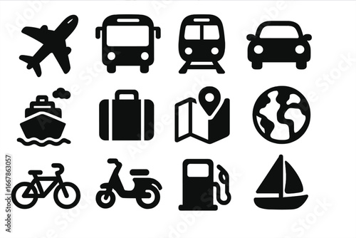 Transportation and Travel Symbols Icons Set – Solid Filled Commuting, Mobility Essentials, Travel and Navigation Vector Cartoon Illustration, Transparent Background, Ordered Set 3