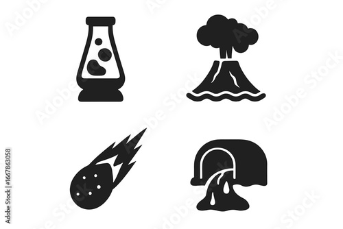 Volcanic activity icon set with volcano eruption, lava flow from tube, meteor and lava lamp. Solid glyph icons for geology, disaster, magma, nature, science and space.