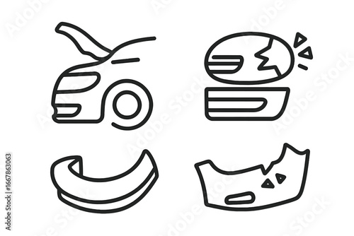 Traffic accident icons outline set with crumpled car hood, shattered headlight, twisted bumper piece, and debris vector illustrations for collision and crash concepts