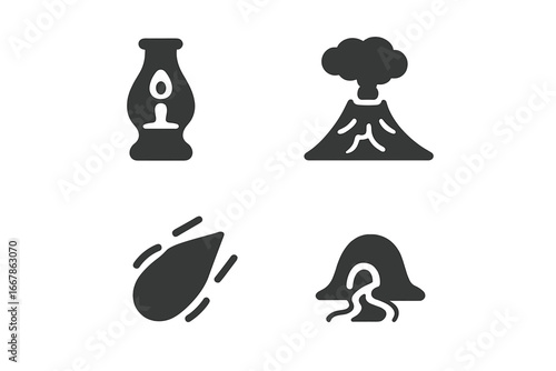 Volcanic activity solid glyph icon set. Volcano eruption, lava lamp, volcanic bomb, and lava tube symbols. Geology, nature, and disaster concept vector illustration.