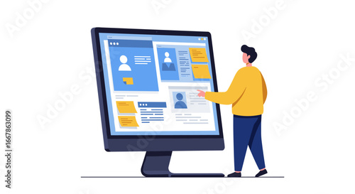 Man interacting with large computer screen displaying social profiles
