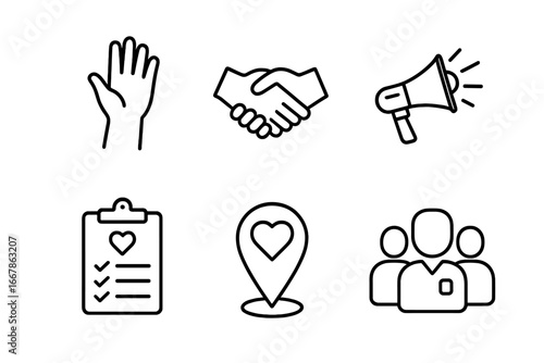 Volunteer icons set. Charity and social work outline symbols. Collection includes helping hand, handshake, megaphone for activism, donation list, community location and team.