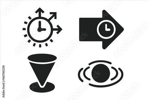 Time and space solid icon set. Vector glyphs of expanding clock, time arrow, light cone, spacetime ripple. Physics, relativity, and gravity concepts. Abstract illustration.
