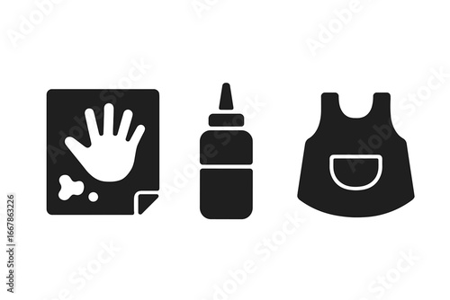 Toddler painting and craft activity icon set. Solid glyph vector icons of a handprint, squirt paint bottle, and art smock. Kids creative hobby and preschool concept.