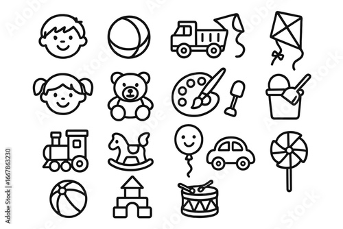 Kids toys outline icon set. Children's playtime and activity symbols. Vector collection of cartoon illustrations: teddy bear, car, train, ball, blocks, kite, balloon.