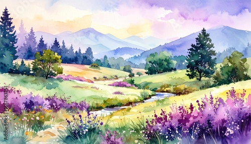 Fototapeta Naklejka Na Ścianę i Meble -  Peaceful Watercolor Countryside Landscape with Soft Colors