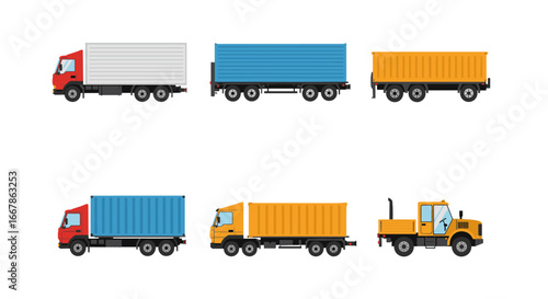 Colorful trucks side view set: diverse cargo and construction vehicles