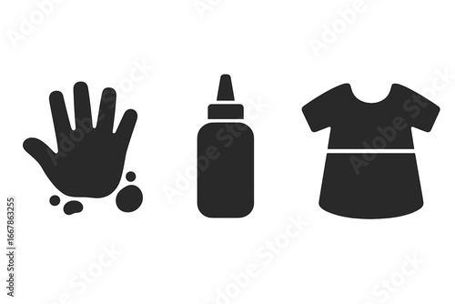 Toddler painting art craft icon set. Handprint splash, squirt paint bottle, and plastic apron smock pictogram. Creative kindergarten and preschool kids activity vector illustration.