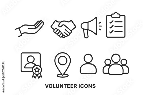 Volunteer icons set. Charity and community support symbols. Helping hand, handshake, donation, and teamwork. Social work concept. Vector line icon collection for web and apps.