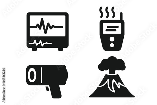 Volcanic monitoring icons set. Solid filled vector illustrations of volcanic activity detection tools including seismograph, gas analyzer, thermal camera, and eruption volcano symbol.