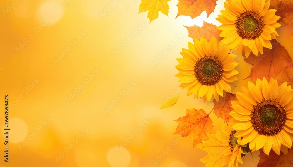 Obraz premium Autumn celebration with sunflowers and fall leaves outdoor garden floral arrangement warm color palette close-up view nature's beauty