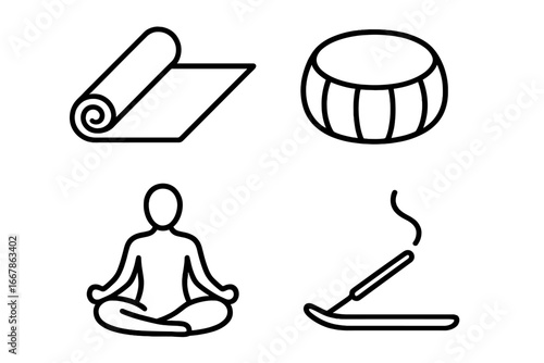 Yoga Retreat Icons Set Including Yoga Mat, Meditation Cushion, Lotus Pose Silhouette, Incense Stick - Outline Vector Cartoon Illustration for Wellness and Mindfulness Practices