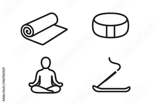 Yoga Retreat Icons Outline Set with Yoga Mat, Meditation Cushion, Lotus Pose Silhouette, Incense Stick, Wellness and Mindfulness Vector Elements for Relaxation and Meditation
