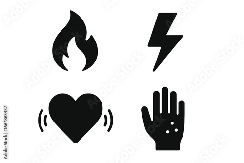 Pain Icon Set Vector Illustration with Solid Filled Symbols of Burning Flame, Electric Bolt, Throbbing Heart, Numbness Hand Sensations and Symptoms, Medical Graphic