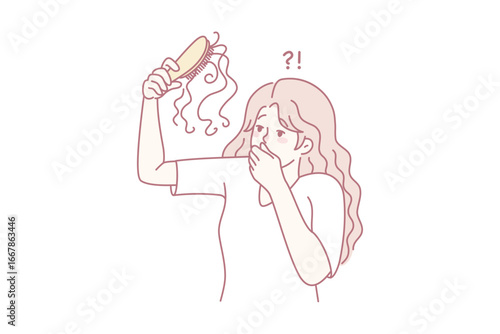 Unhappy woman frustrated with hair loss. Upset female stressed with hair thinning need medical treatment or procedure. Vector illustration.