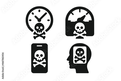 Toxic productivity icon set. Metaphor for burnout, overworking, and hustle culture. Mental health, stress, and pressure concept. Skull on clock, meter, phone, head silhouette.