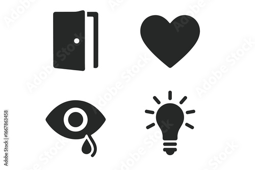 Vulnerability icon set. Openness, emotions, mental health concepts. Open door, exposed heart, crying eye with tear, and light bulb idea symbols. Psychology glyph icons.